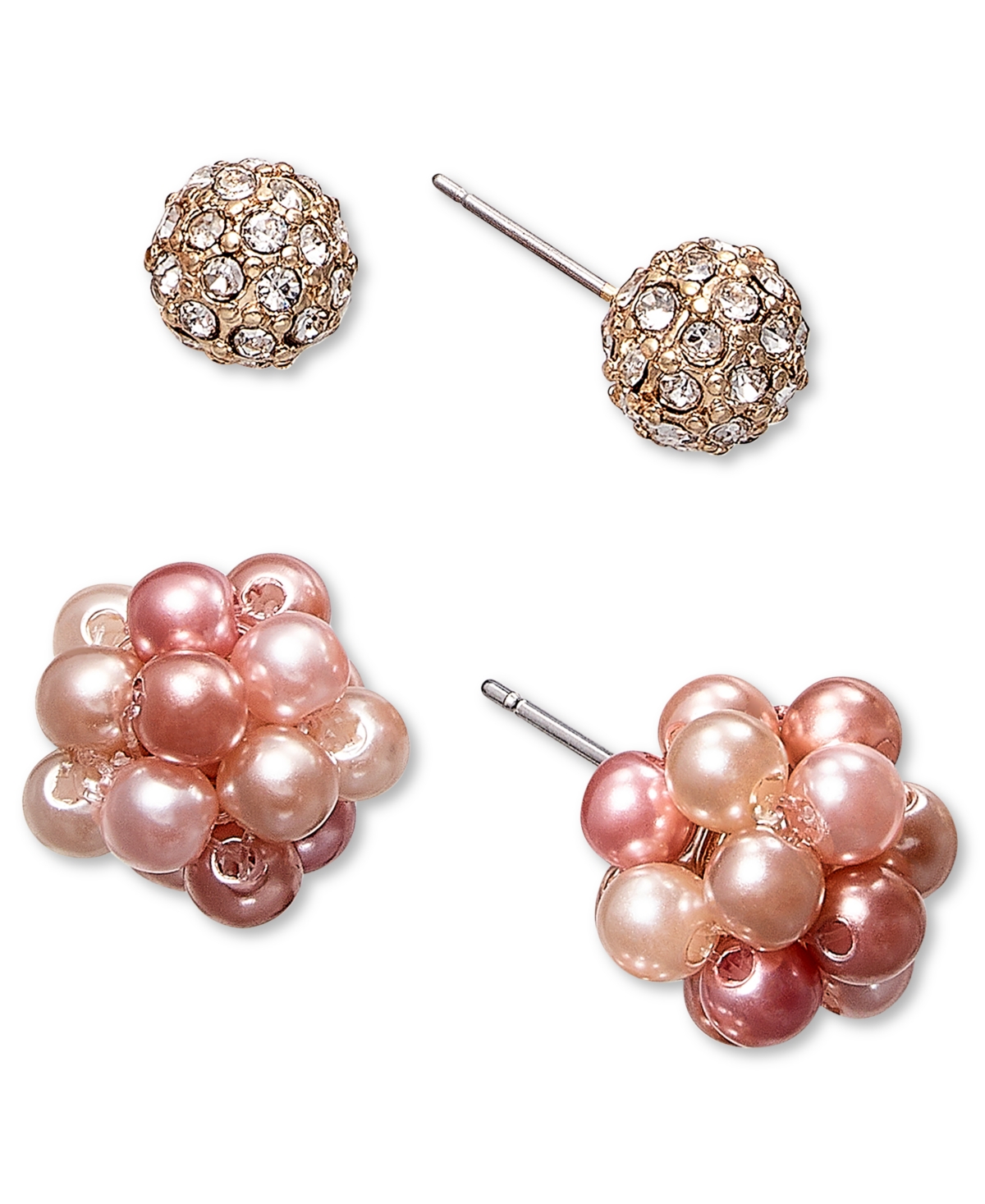 Gold-Tone 2-Pc. Set Imitation Pearl Cluster & Crystal Fireball Stud Earrings, Created for Macy's - Multi