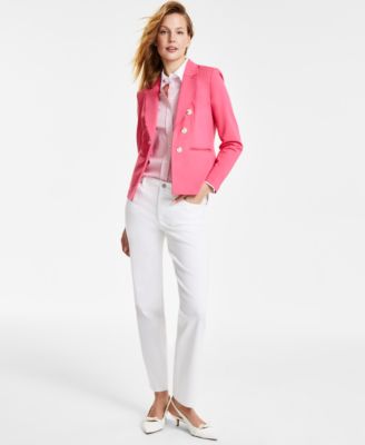 Jones New York Womens Open Front Blazer Striped Contrast Trim Button Front Cotton Top Lexington Mid Rise Straight L In Soft White
