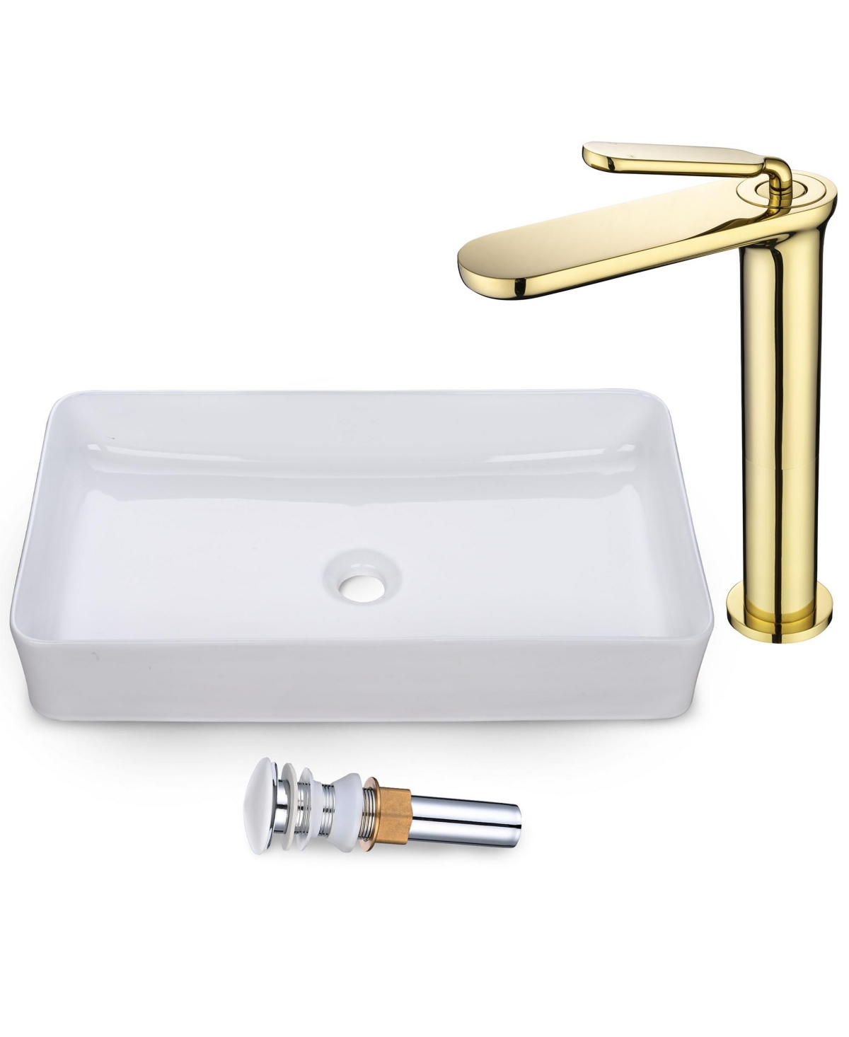 Rectangle Ceramic Bathroom Sink and Gold Vanity Mixer Faucet w/Pop Up Drain Kit - Natural