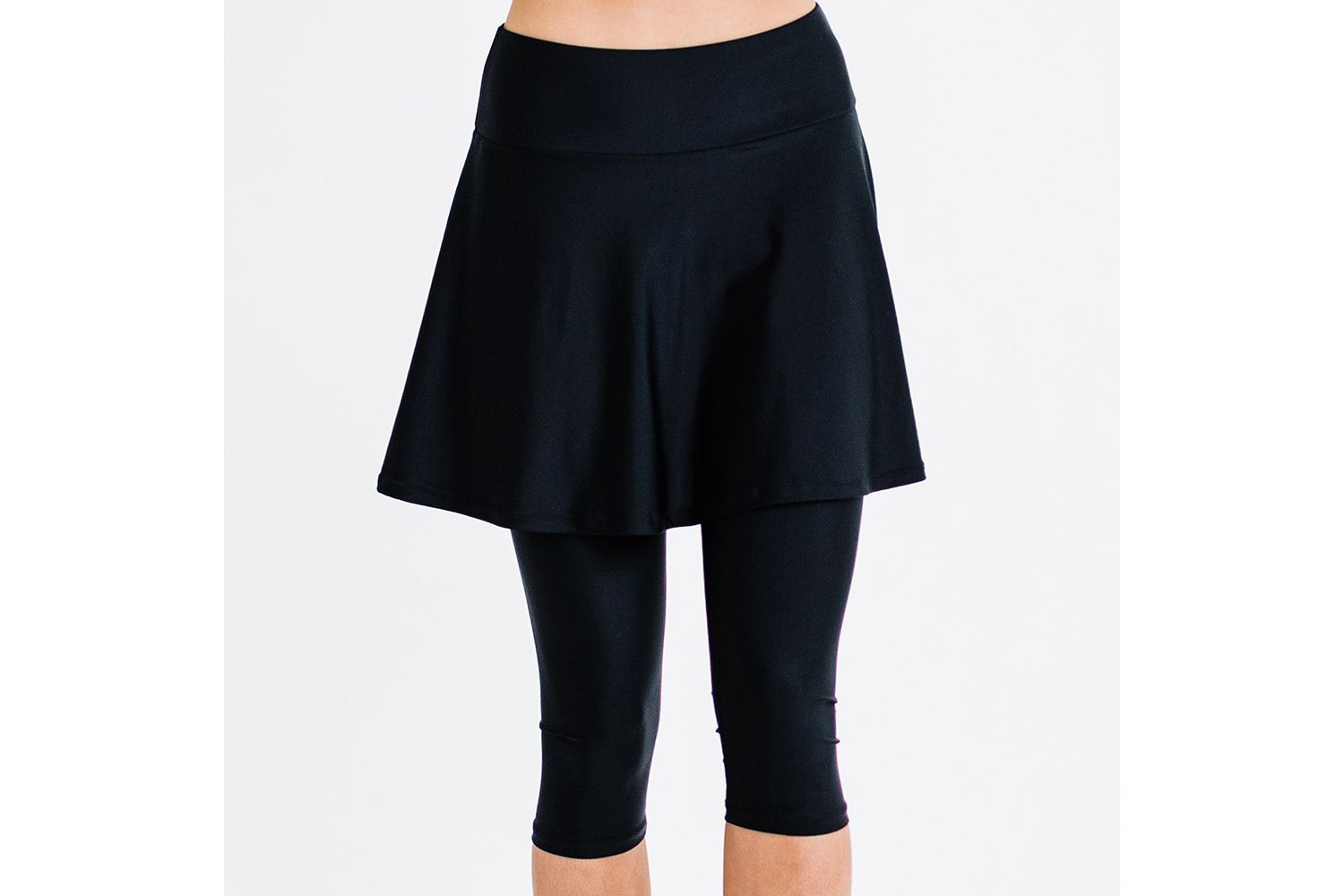 Women's Chlorine Resistant High Waisted Flared Swim Skort With Attached Capri Leggings