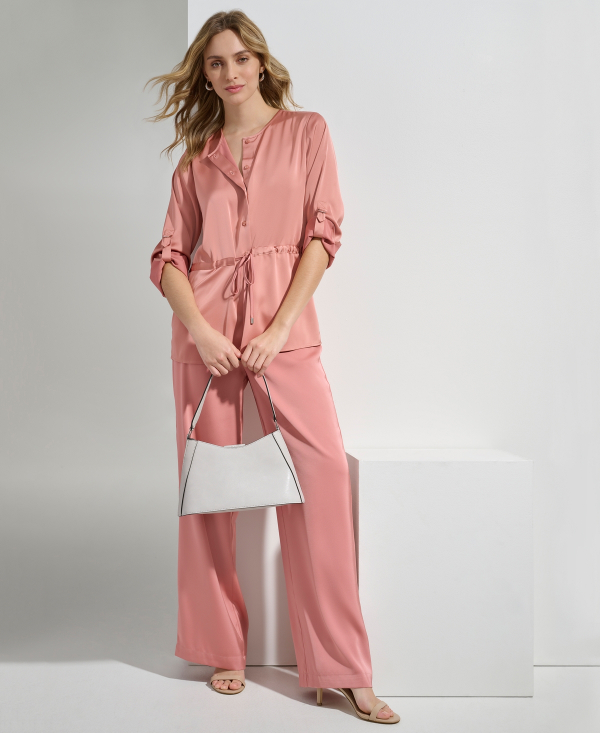 Shop Calvin Klein Women's Satin Drawstring-waist Button Front Blouse In Desert Rose