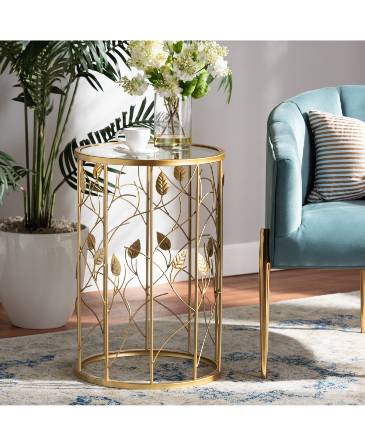 Baxton Studio Anaya Modern And Contemporary Glam 23.6" Brushed Finished Metal And Glass Leaf Accent End Table In Gold-tone