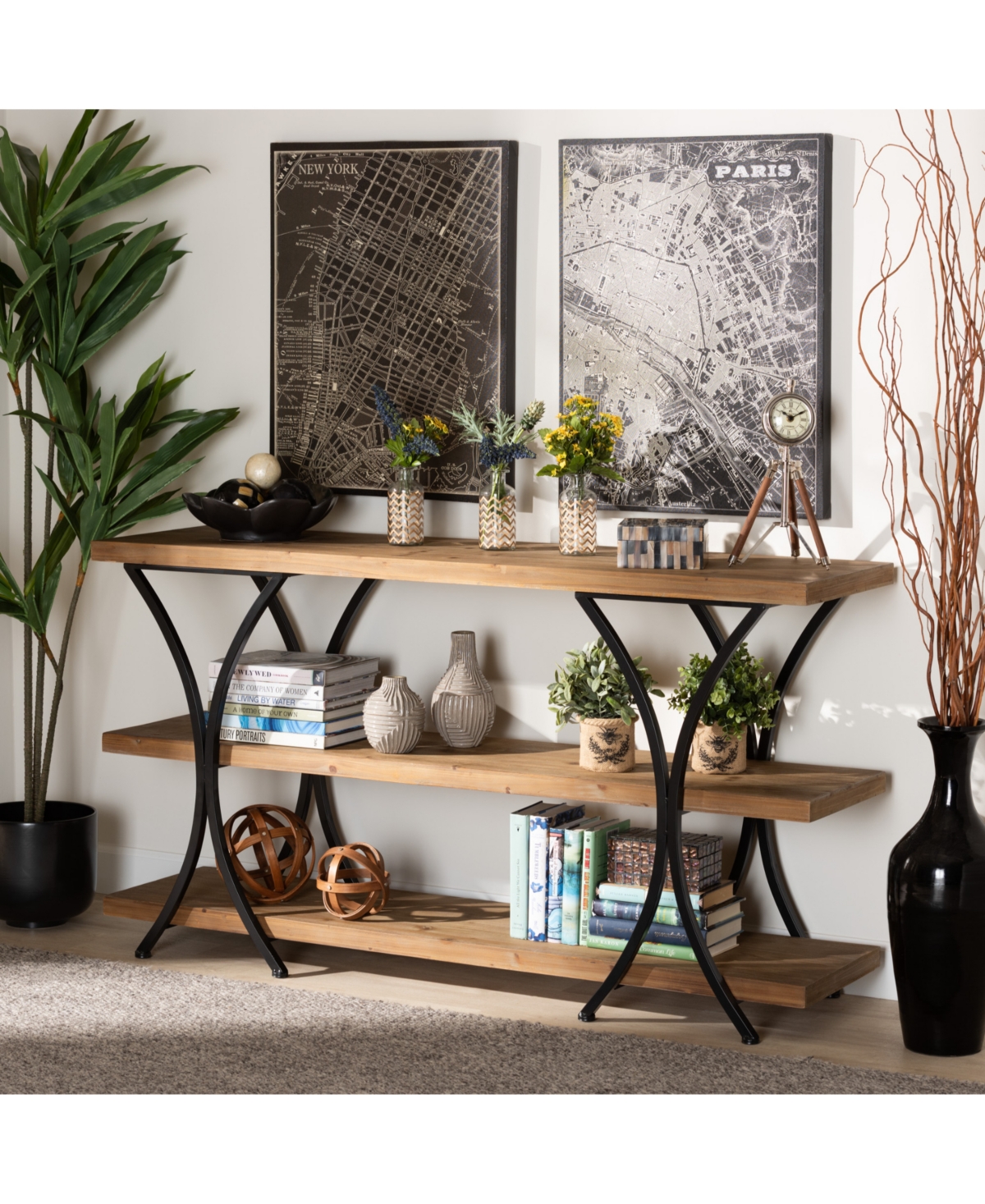 Baxton Studio Terrell Modern 59.8" Rustic And Industrial Finished Wood And Finished Metal Console Table In Natural Brown,black