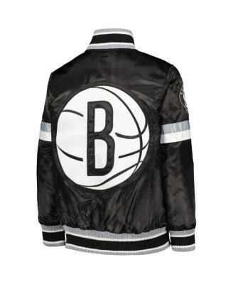 Big Boys Black Brooklyn Nets Home Game Varsity Satin Full-Snap Jacket