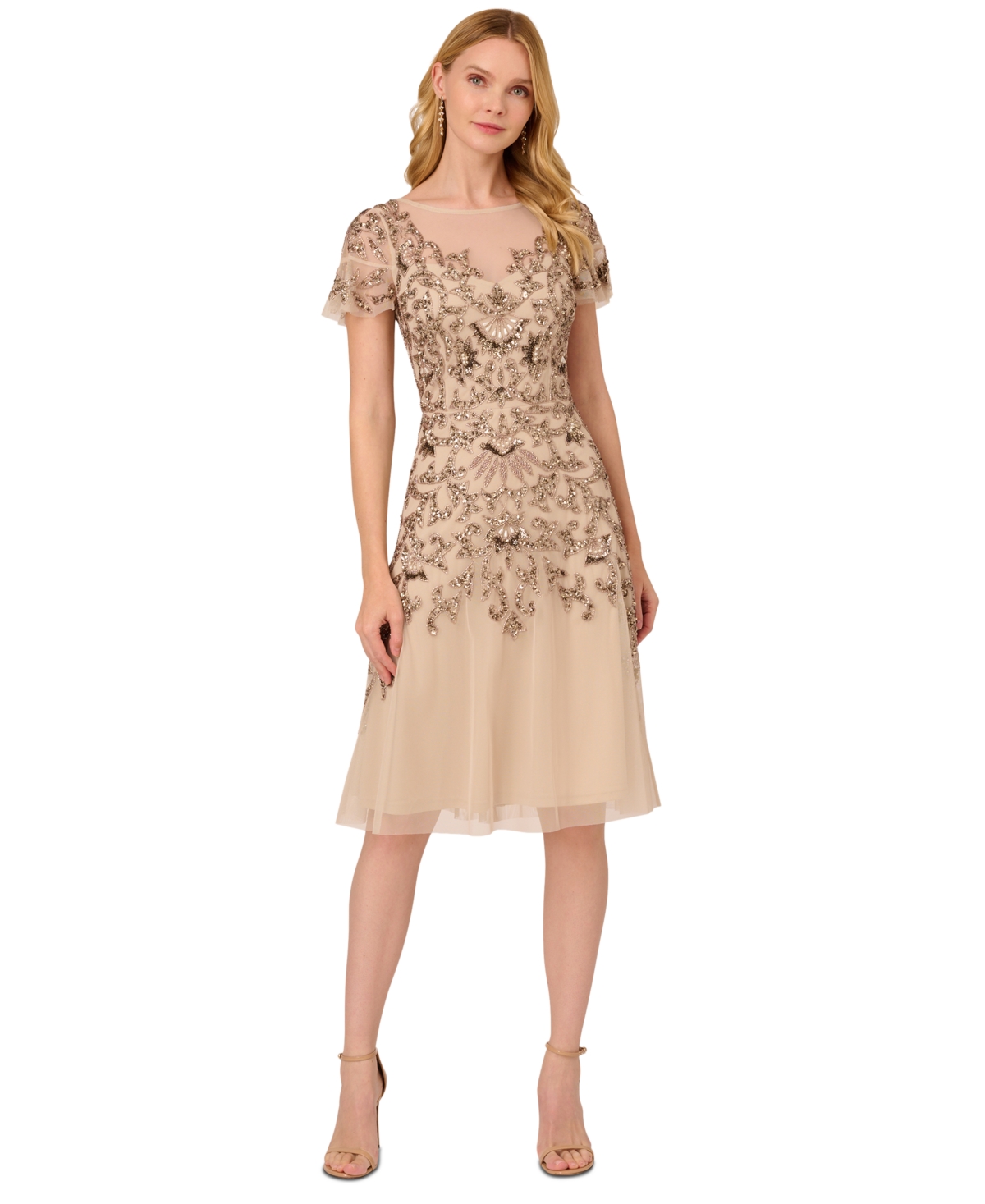 Adrianna Papell Women's Embellished Flutter-sleeve Dress In Biscotti