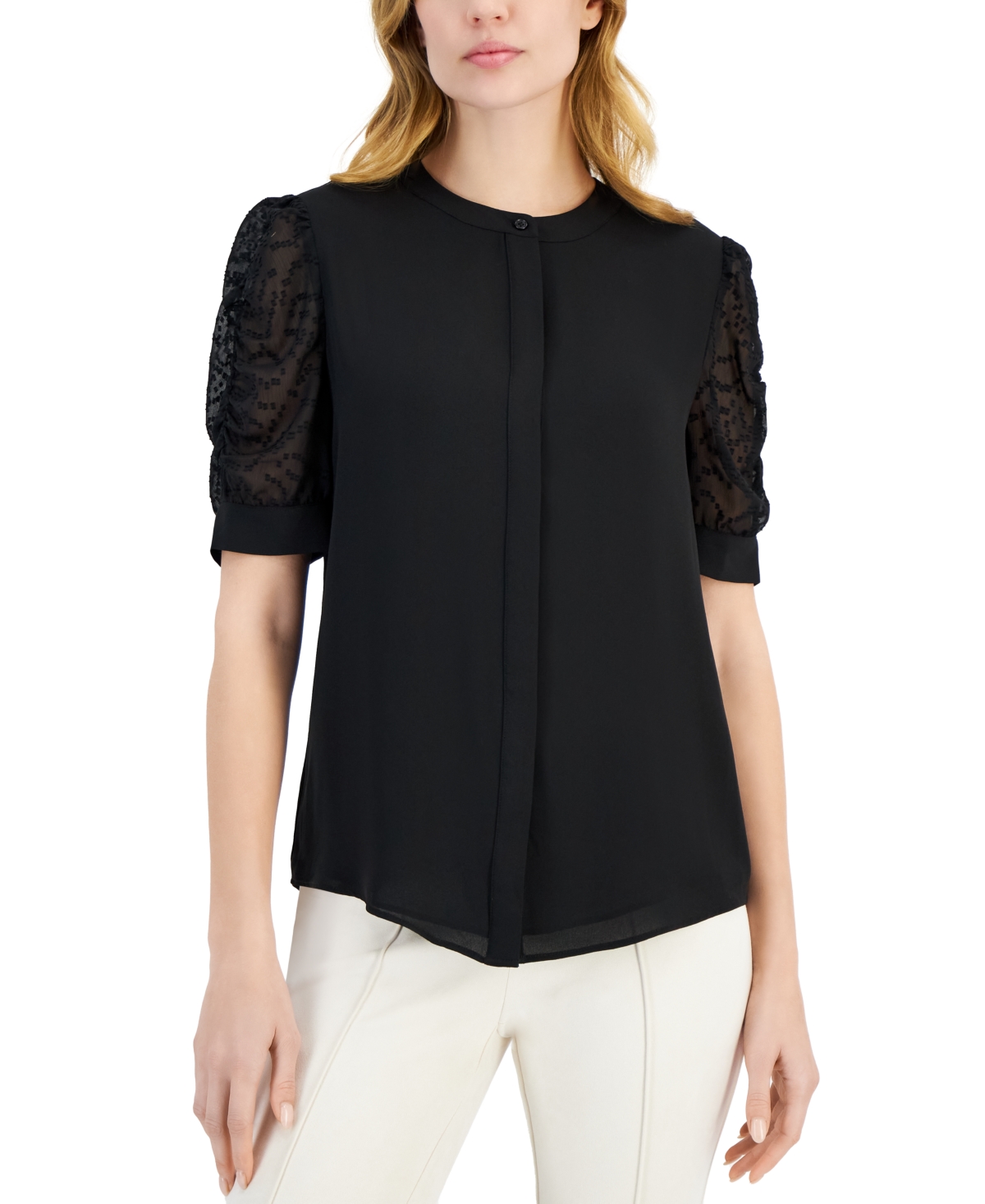 T Tahari Women's Sheer-sleeve Mandarin-collar Top In Black