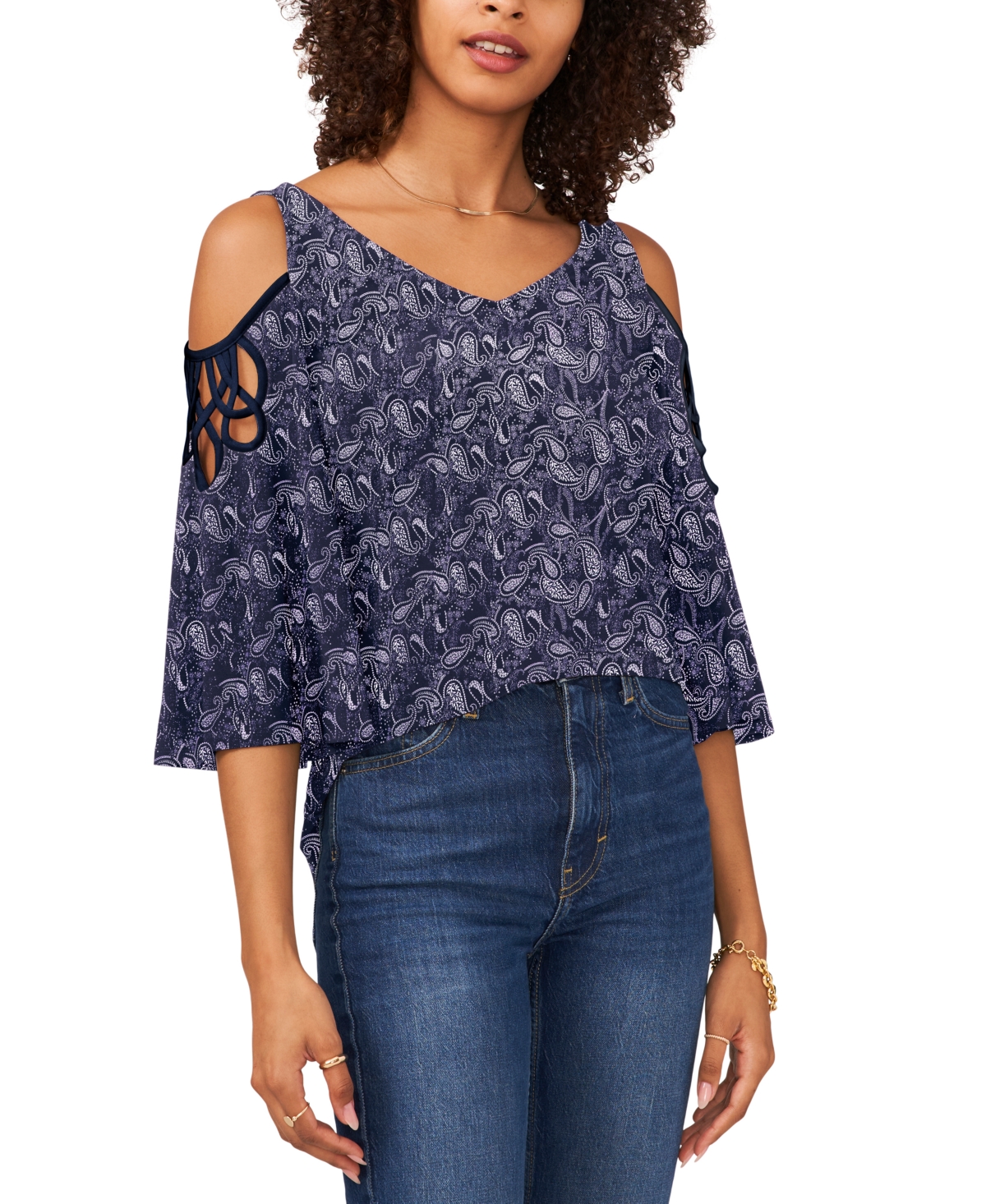 Shop Sam & Jess Women's Printed Cold-shoulder Knit Top In Navy Paisley
