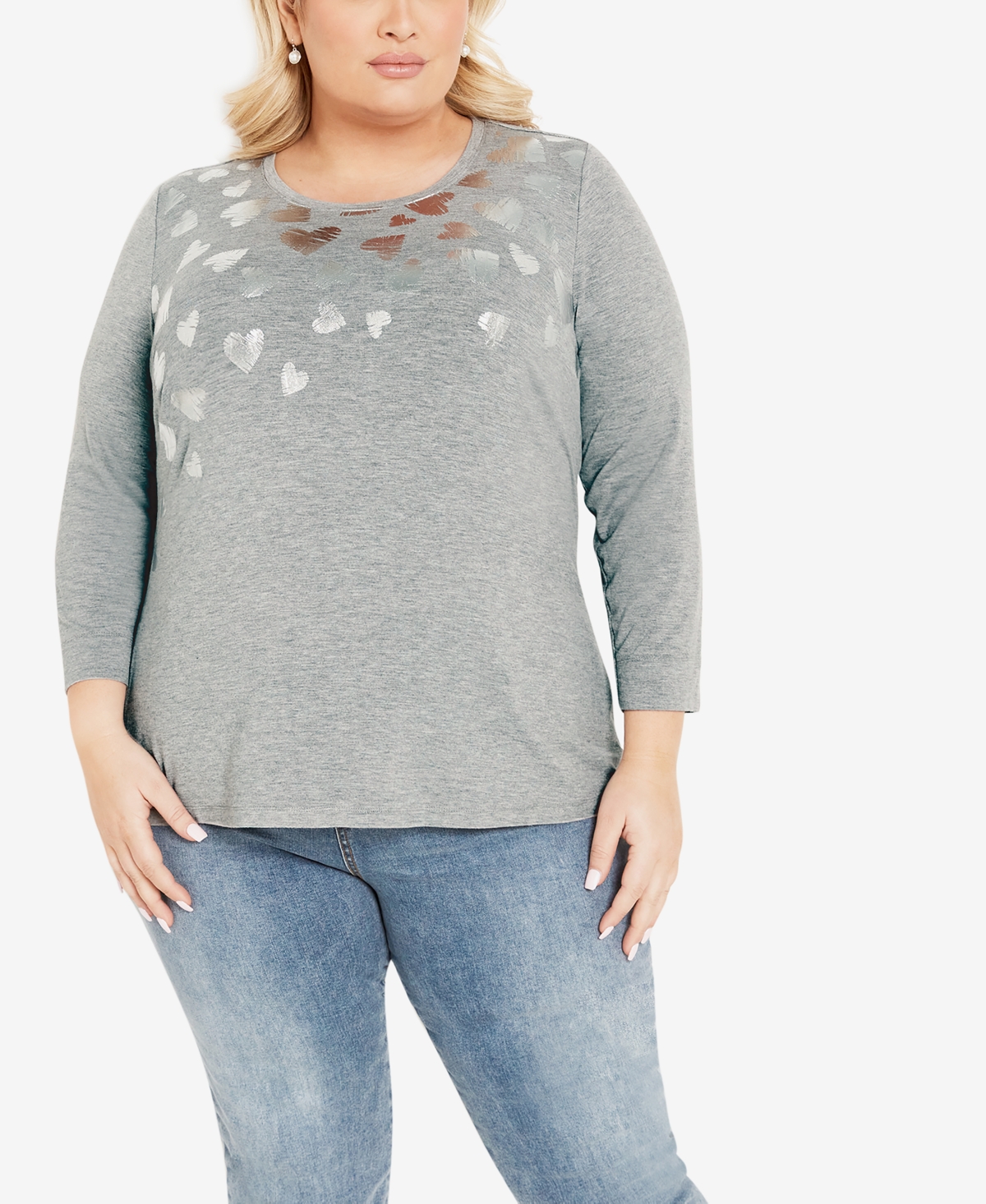 Avenue Plus Size Foil Heart 3/4 Sleeve Top In Gray Marle