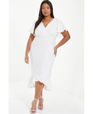 Women's Plus Size Scuba Crepe V-Neck Frill Midi Dress