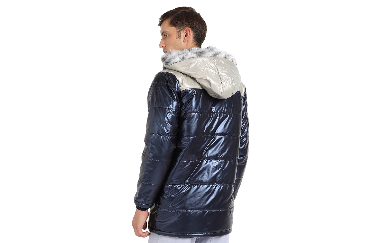 Men's Blue and Beige Zip-Front Puffer Jacket With Faux Fur Detail