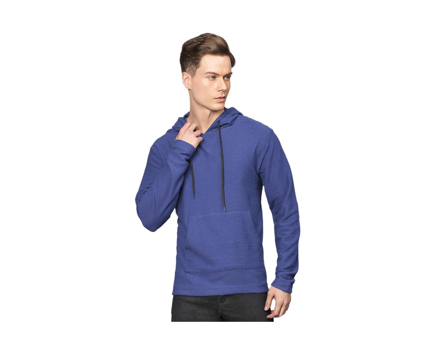 Men's Electric Blue Pullover Hoodie With Contrast Drawstring