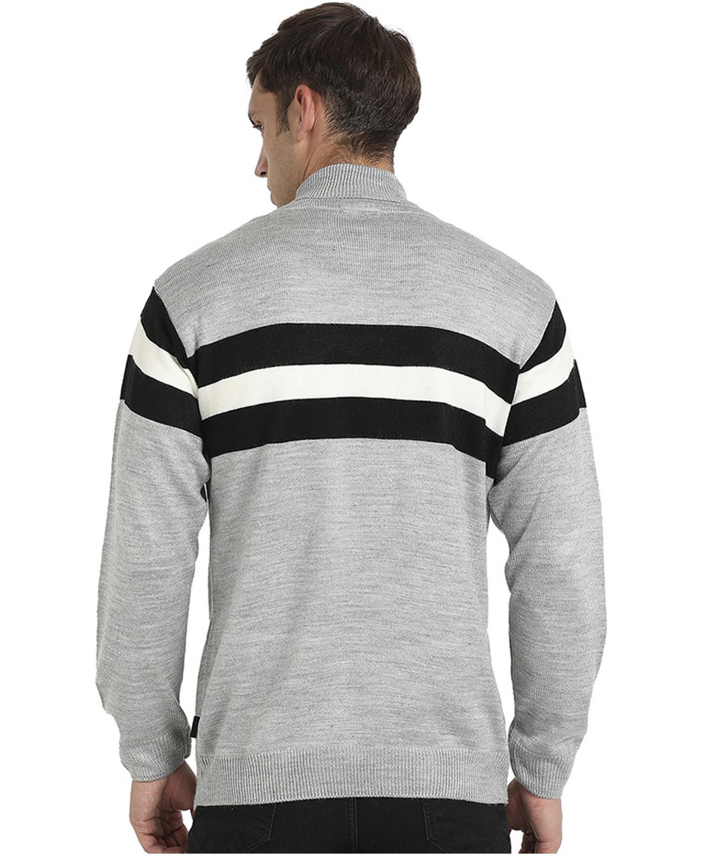 Мужской свитер Campus Sutra Light Grey Relaxed Horizontal Striped Pullover, цвет: Светлый серый — фото 2