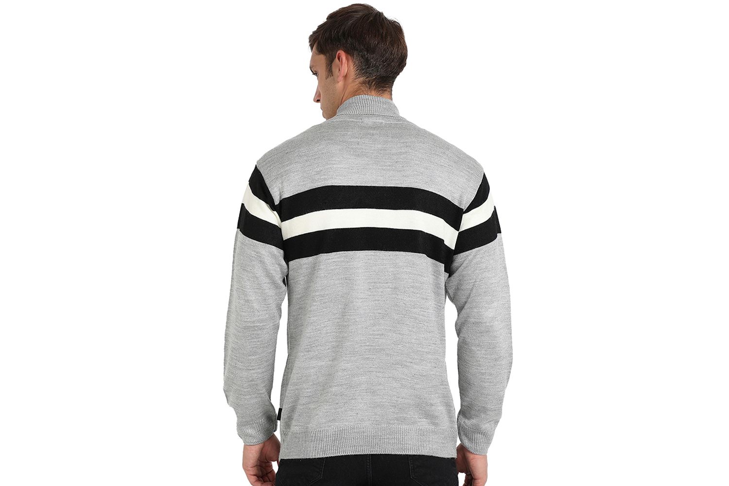 Men's Light Grey Relaxed Horizontal Striped Pullover Sweater