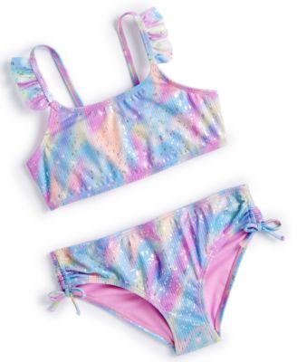 Breaking Waves - Big Girls Tie-Dyed Textured Printed Swimsuit, 2 Piece Set