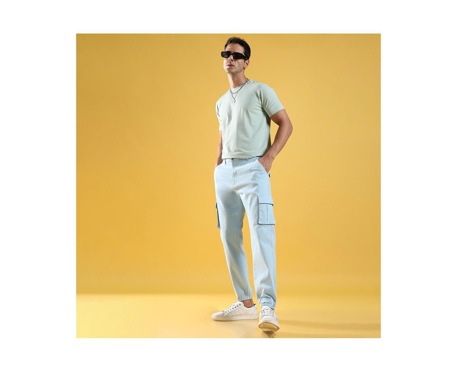 Men's Light Blue Cuffed Hem Cargo Trousers
