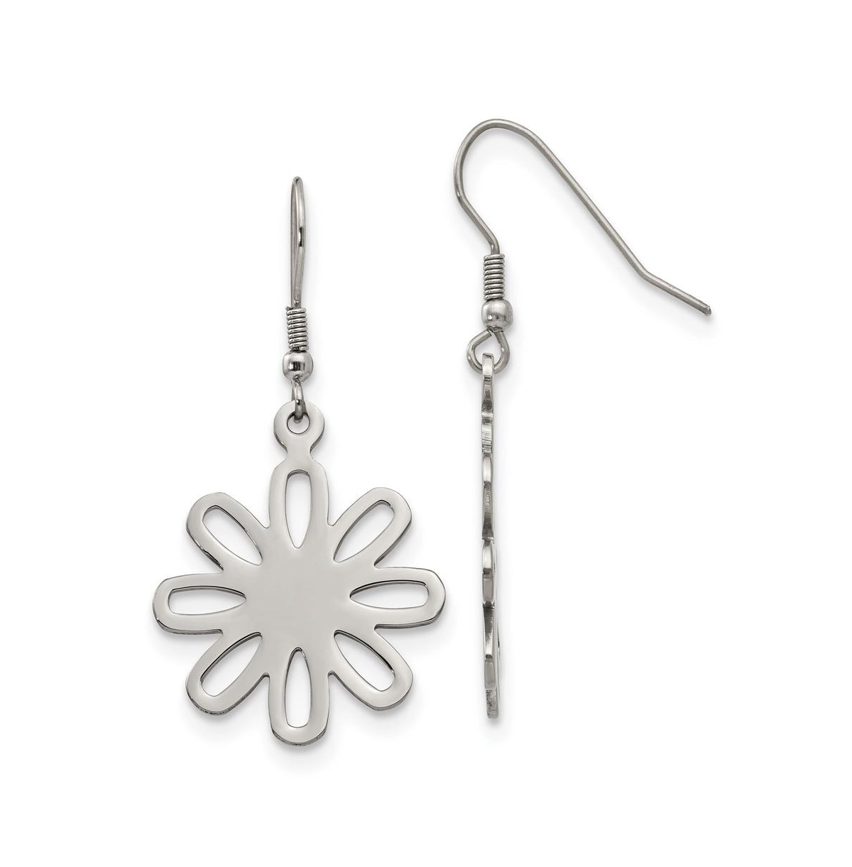 Stainless Steel Polished Large Flower Dangle Earrings - Silver