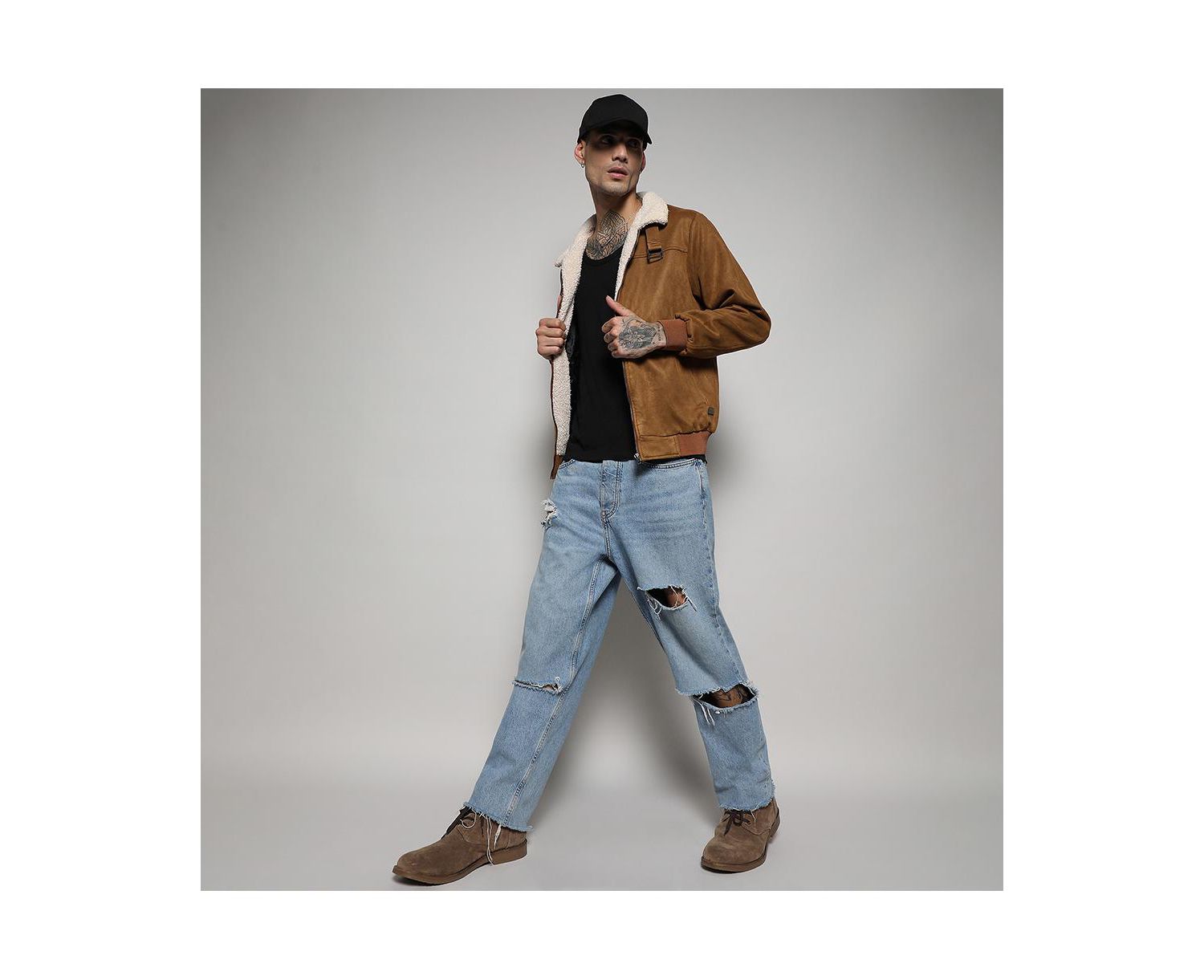Men's Brown Zip-Front Jacket With Fleece Detail