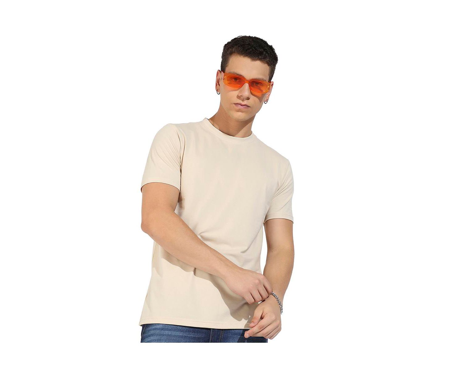 Men's Beige Basic Regular Fit T-Shirt