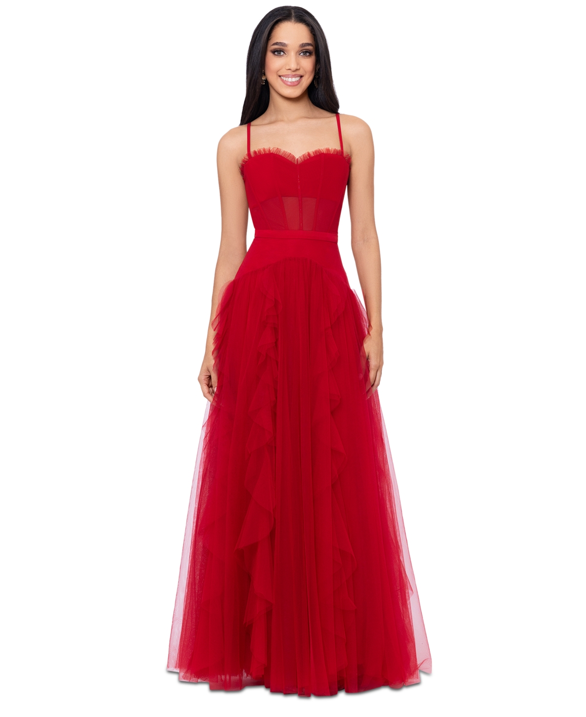 Women's Mesh Ruffled Ball Gown - Red