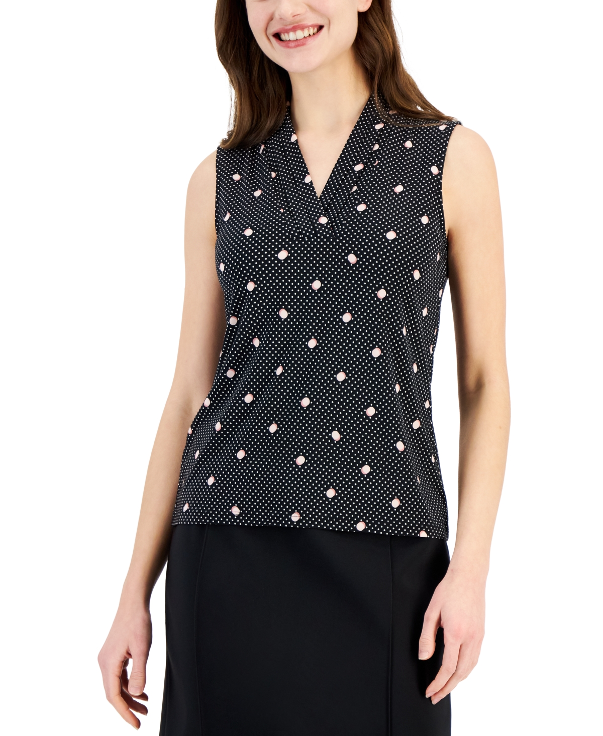 Anne Klein Women's Pleated-neck Dot-print Sleeveless Top In Anne Black,cherry Blossom