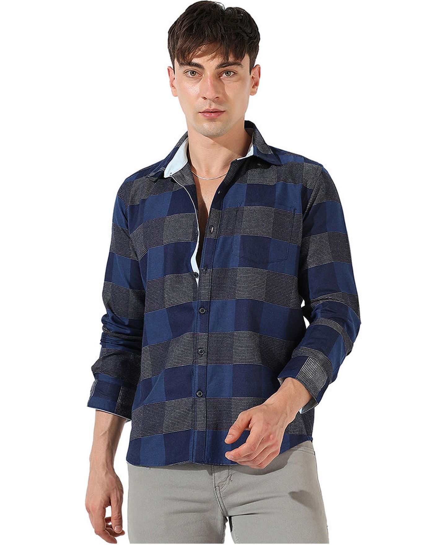 Мужская рубашка Cahoot Men Full Sleeve Checkered Casual, цвет: Джинсовый синий — фото 1