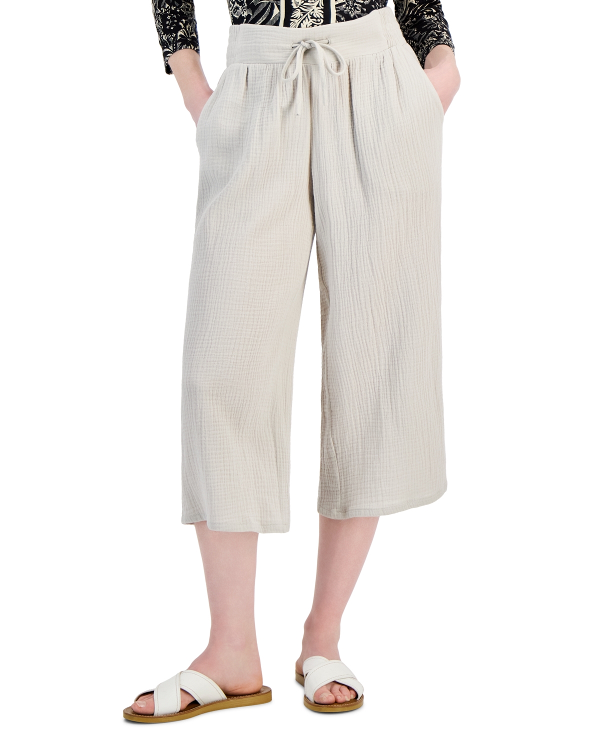 Women's Gauze Cropped Pull-On Pants, Created for Macy's - Stone Wall