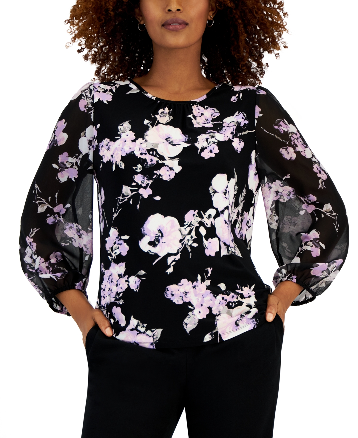 Shop Kasper Women's Floral-print Chiffon-sleeve Top In Black,lavendar Mist Multi