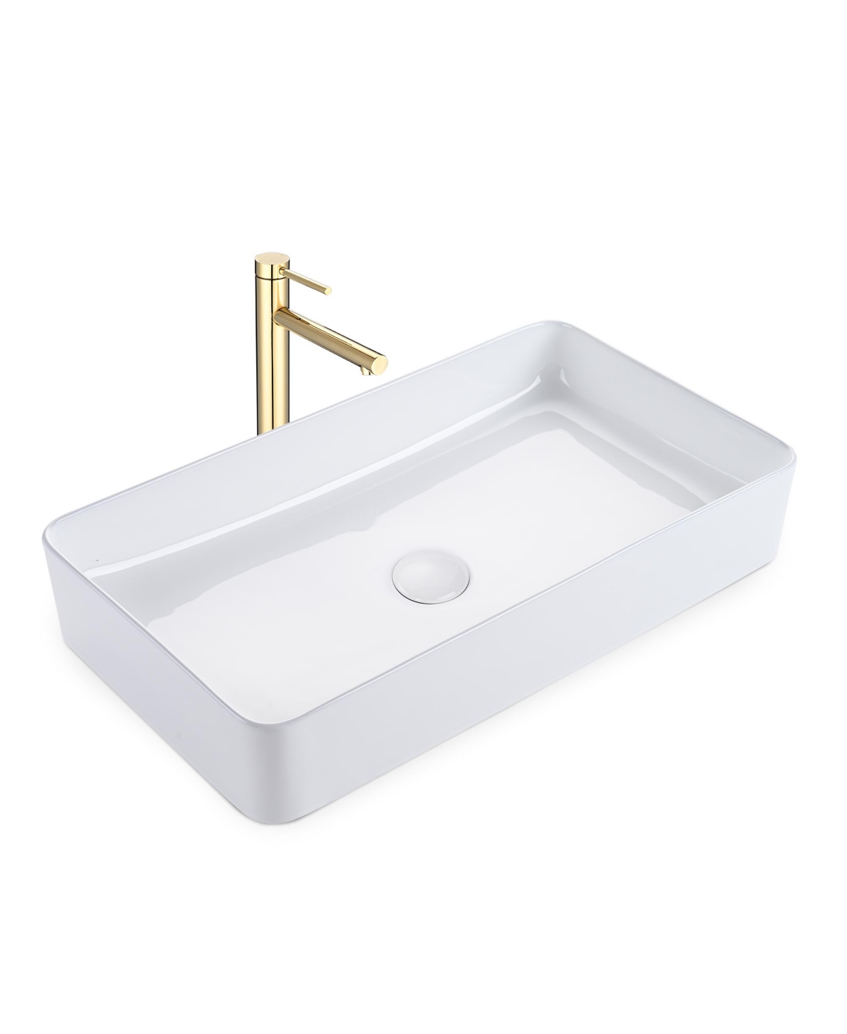 Rectangle Ceramic Vessel Sink Kit Bathroom Single Handle Faucet Drain - Natural