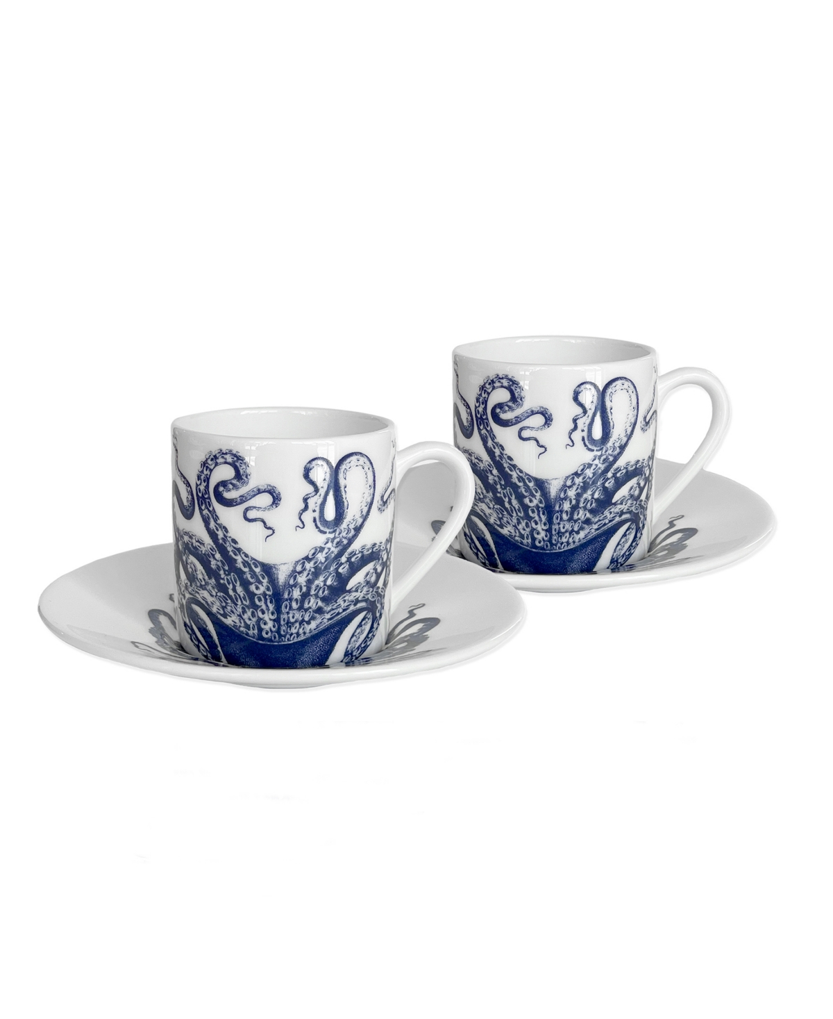 Lucy Octopus Espresso Cup and Saucer 4 oz, Set of 2 - Blue on White