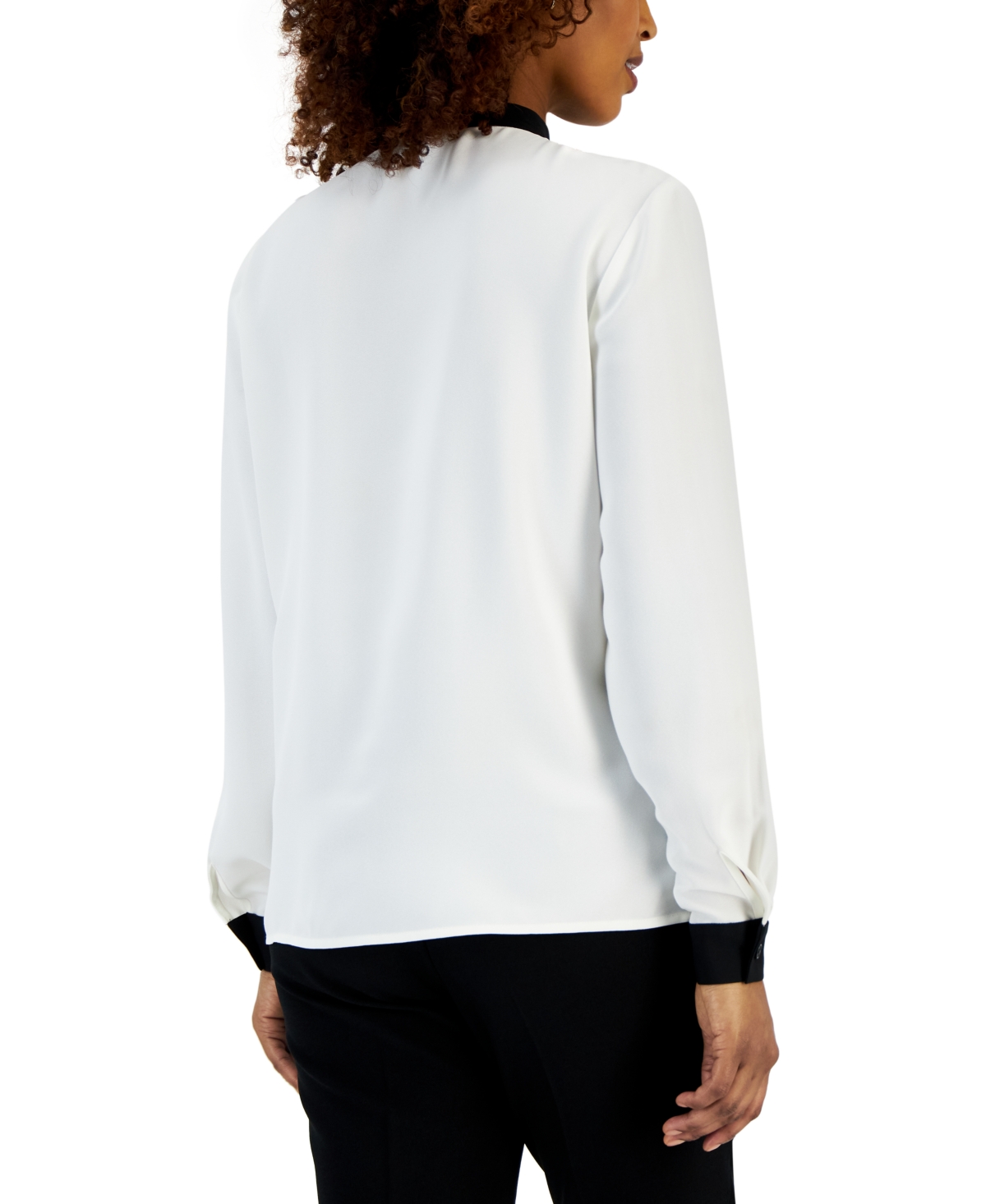Shop Kasper Women's Contrast-trim Tie-neck Long-sleeve Blouse In Vanilla Ice,black