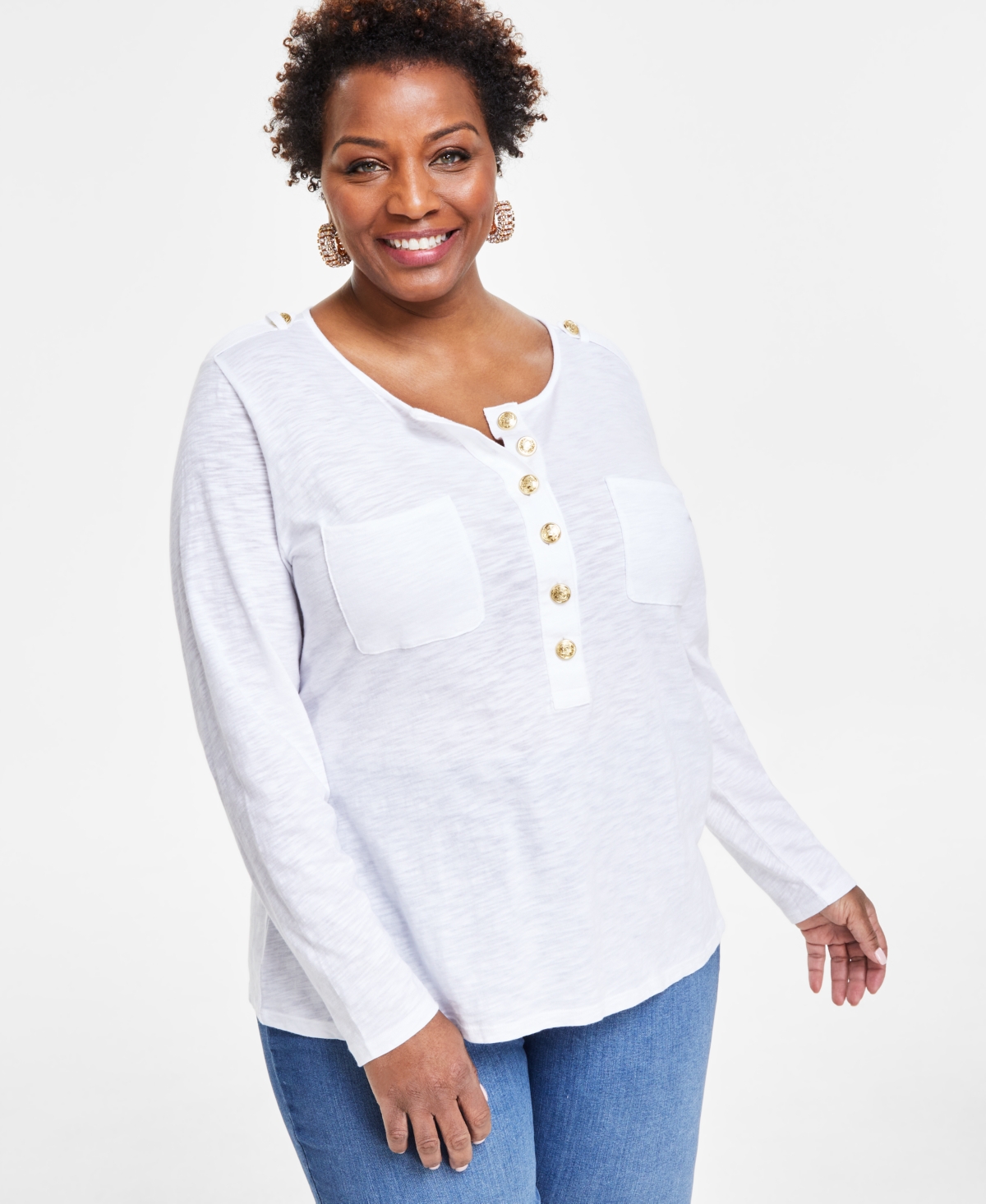 Shop Inc International Concepts Plus Size Button-front Long-sleeve Top, Created For Macy's In Bright White