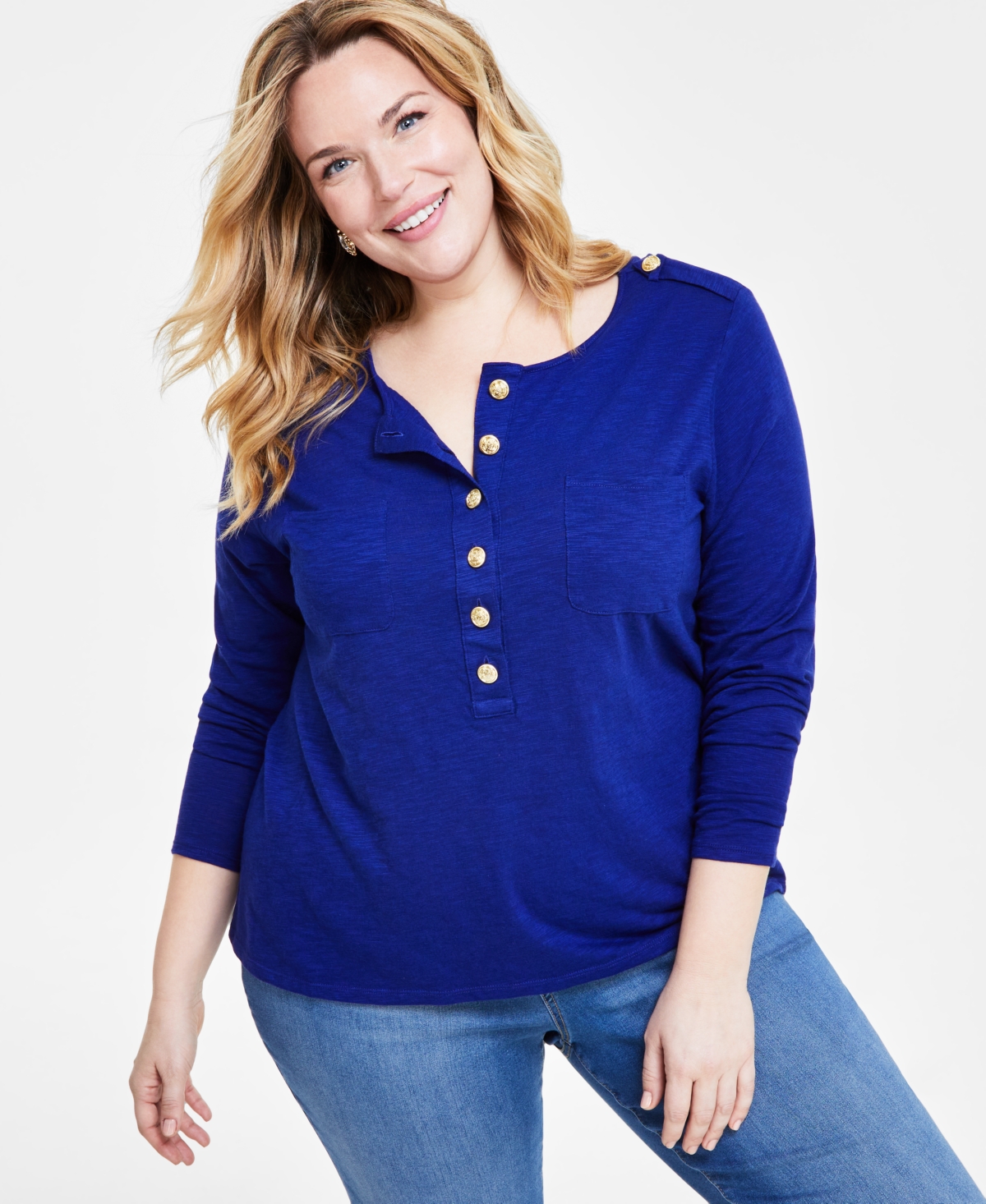 Shop Inc International Concepts Plus Size Button-front Long-sleeve Top, Created For Macy's In Sapphire Crush