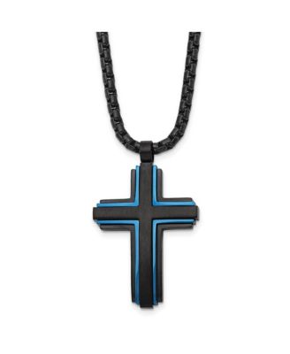 Chisel Brushed Black and Blue IP-plated Cross Pendant Box Chain - Macy's