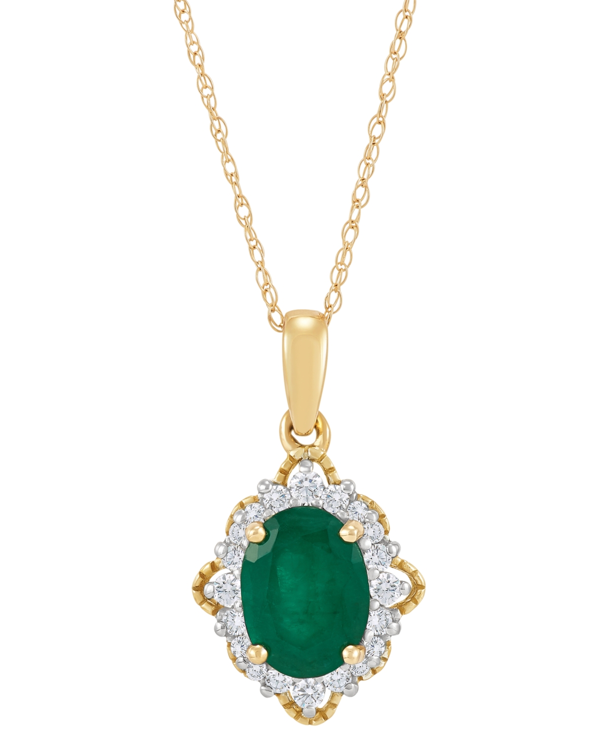 Macy's Emerald (1-1/4 Ct. T.w.) & Diamond (1/5 Ct. T.w.) Vintage Look Oval Halo 18" Pendant Necklace In 14k