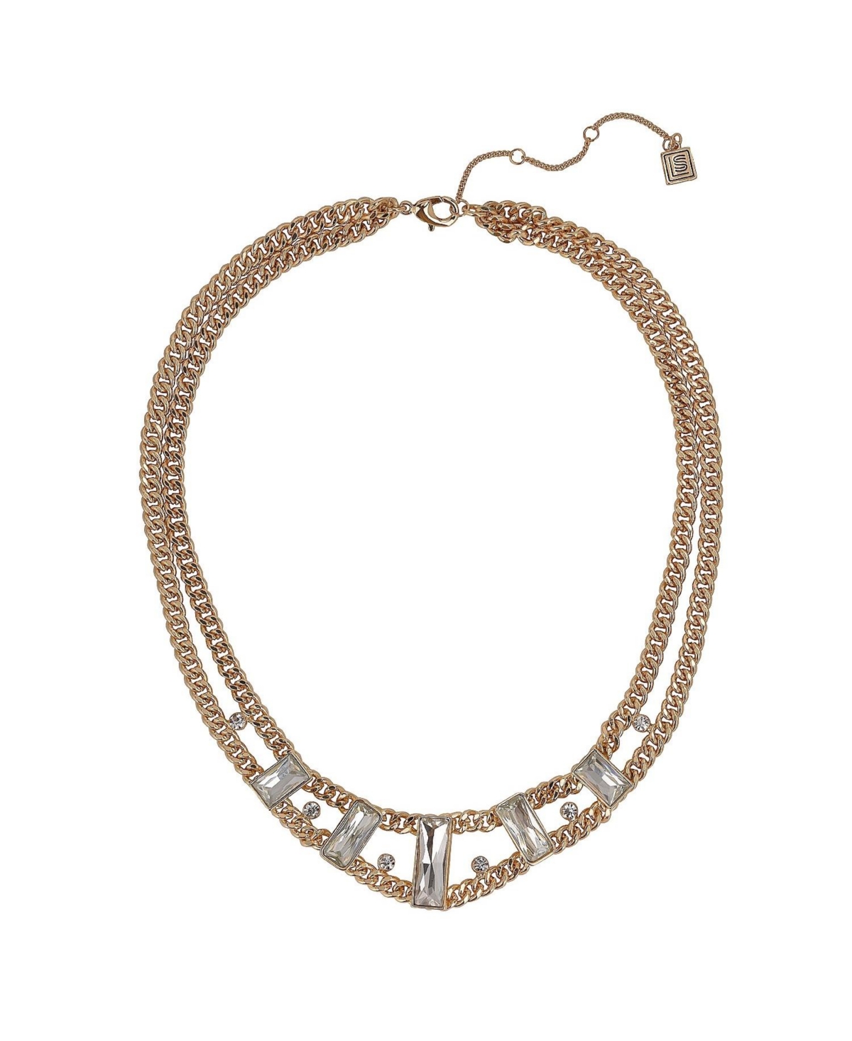 Gold Tone Chain Collar Necklace with Baguette Stones - Gold