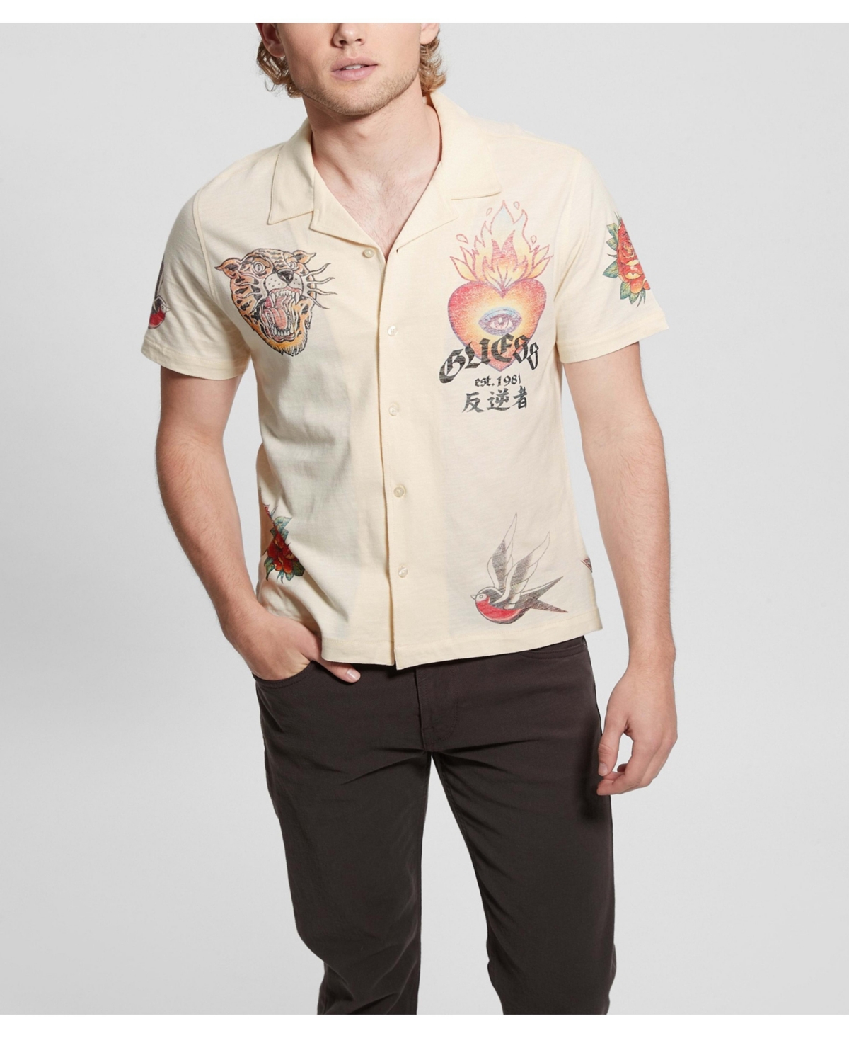 Guess Men's Cotton Knit Art Shirt In Tan