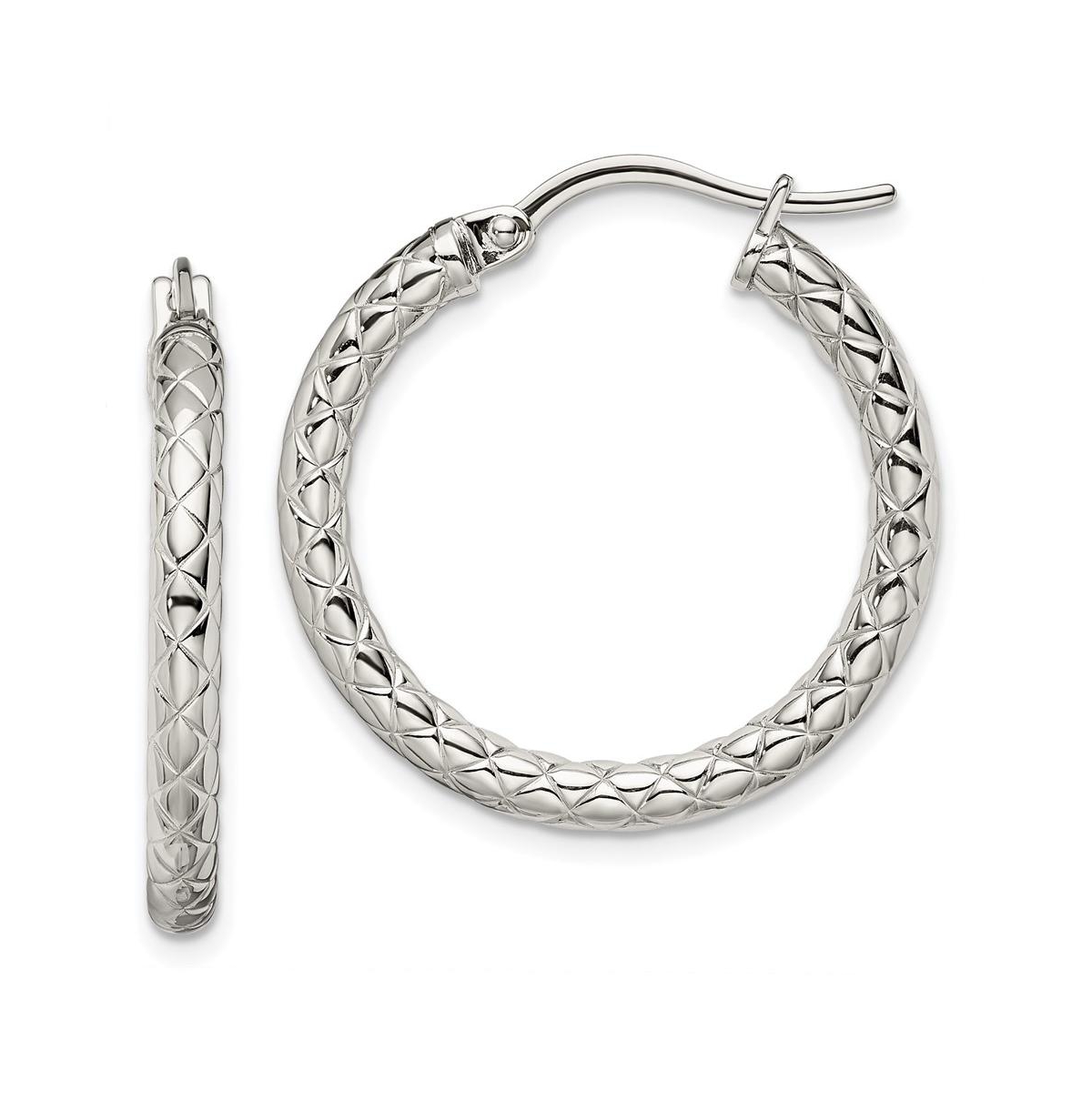 Stainless Steel Polished and Textured Hollow Hoop Earrings - Silver