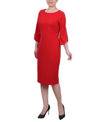 Women's 3/4 Imitation Pearl Detail Petal Sleeve Dress