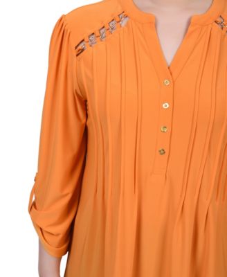 Women's Long Sleeve Pintuck Front Top with Chain Details