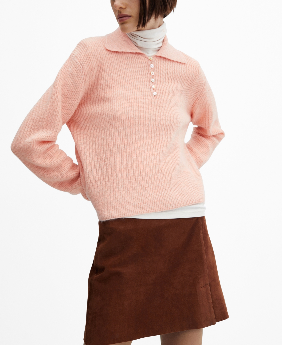 Shop Mango Women's Knitted Polo Neck Sweater In Pastel Pink