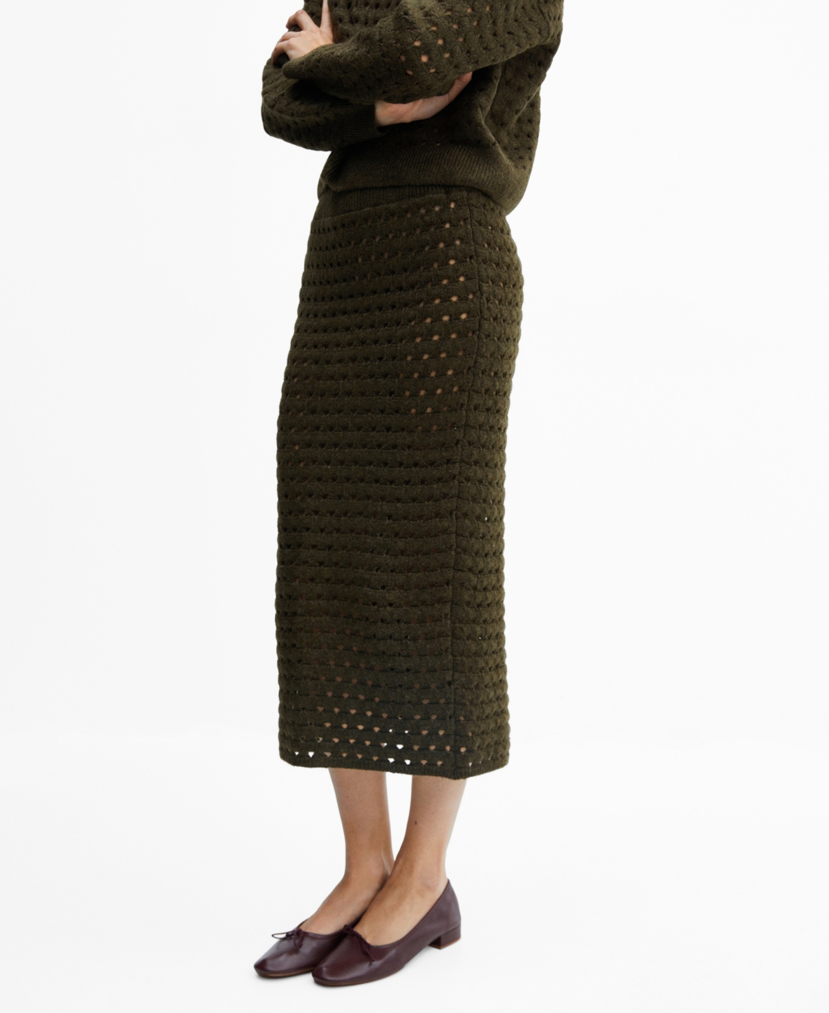 Shop Mango Women's Openwork Details Knitted Skirt In Khaki