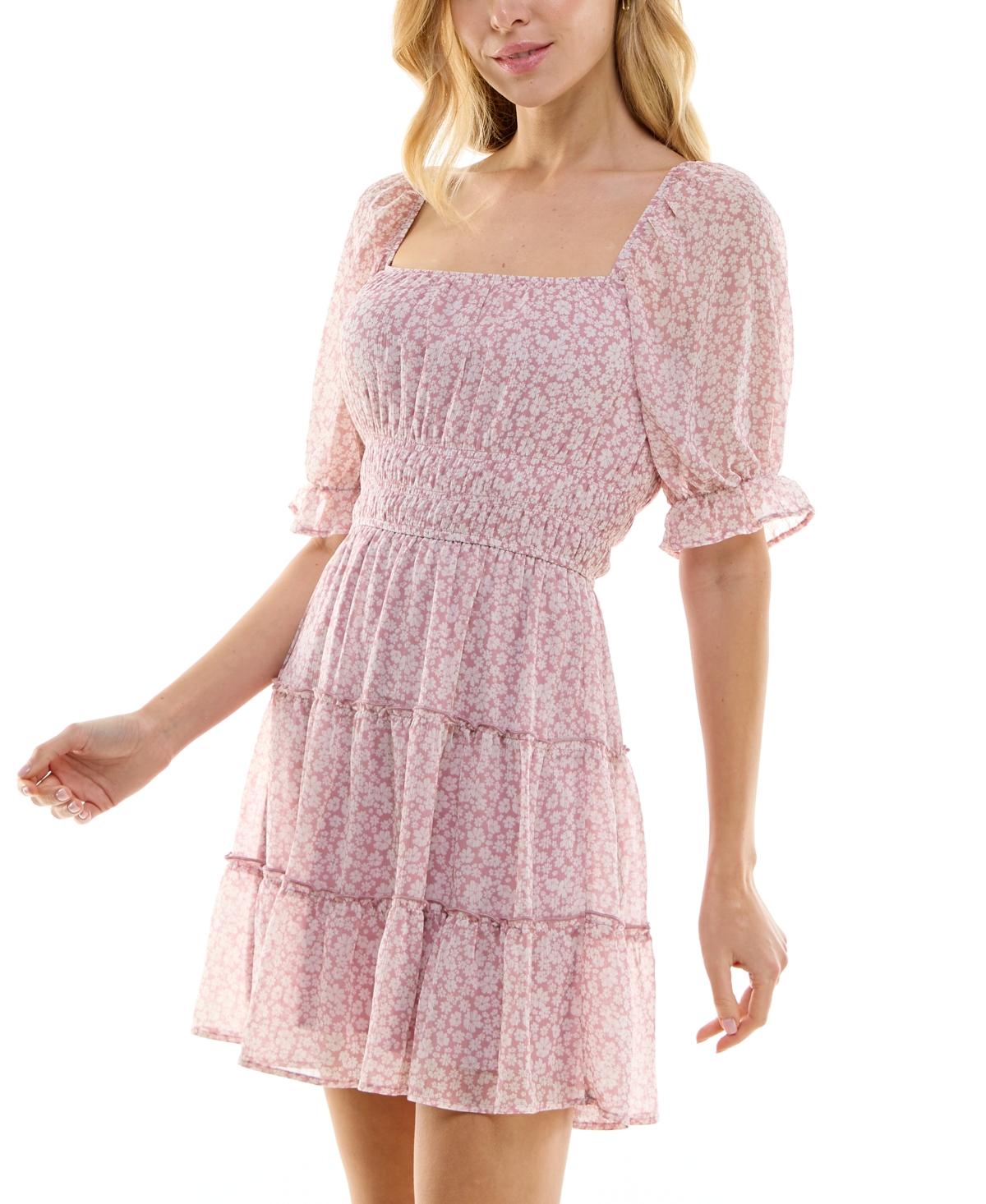 Shop Trixxi Juniors' Smocked Fit & Flare Chiffon Dress In Pink Floral