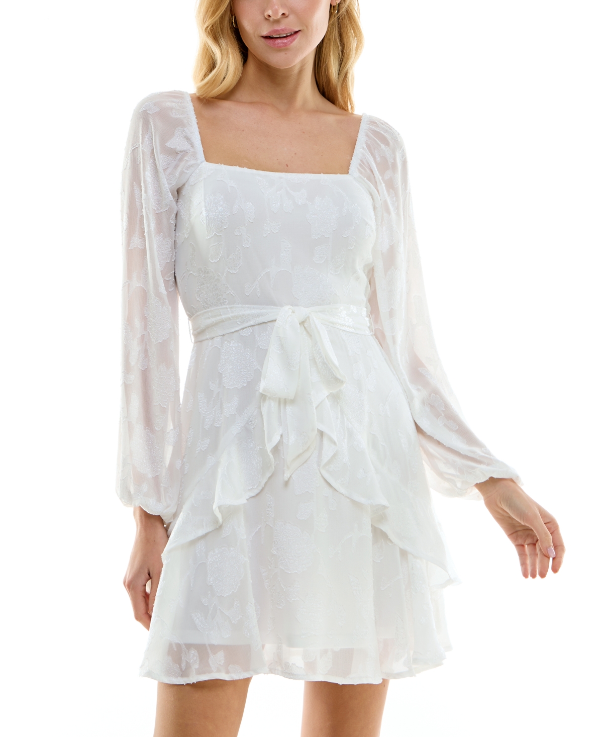 Juniors' Tie-Waist Ruffled Jacquard Dress - White