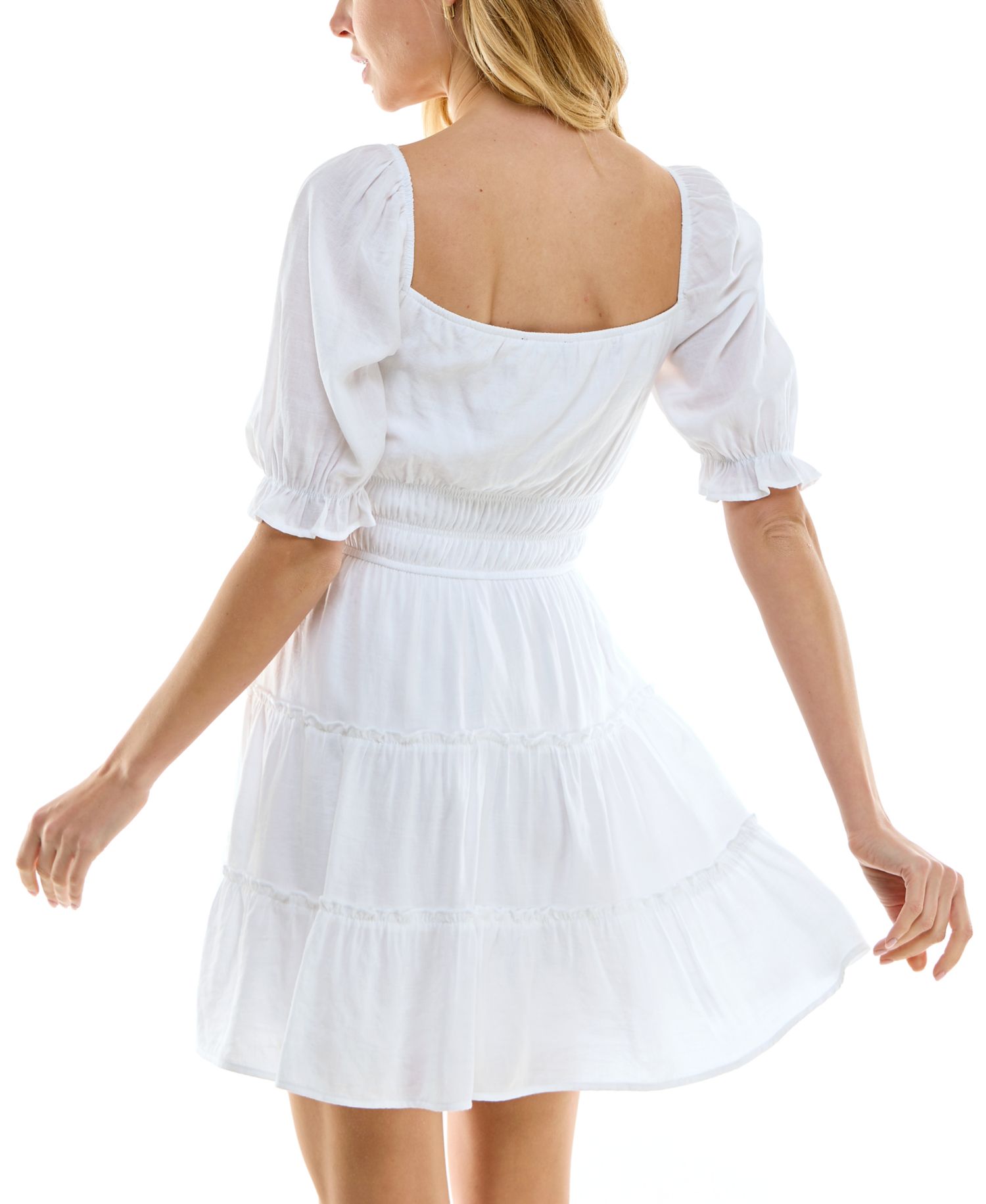 Juniors' Tiered Puff Sleeve Fit & Flare Dress