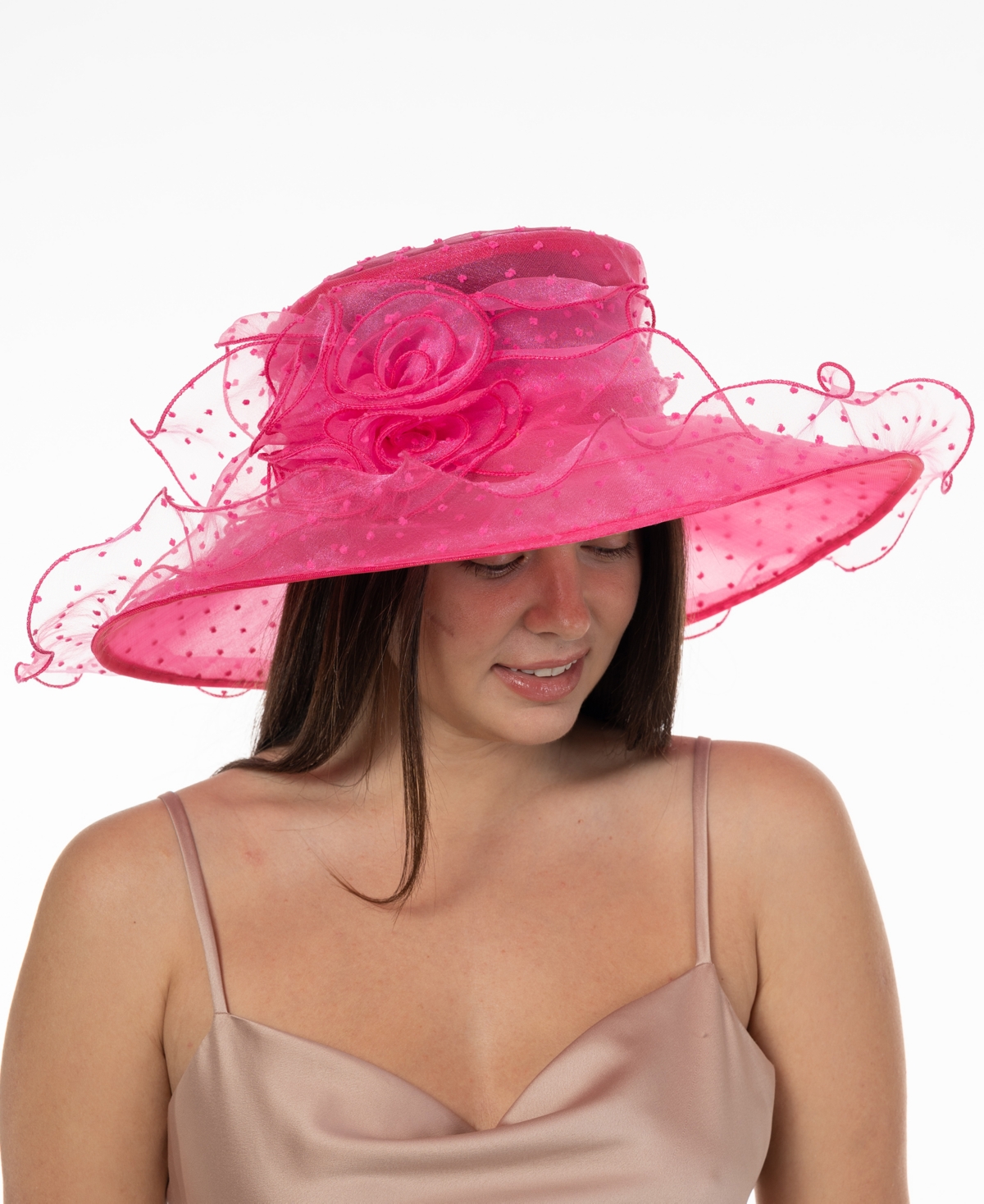 Shop Bellissima Millinery Collection Women's Dot Organza Wide Brim Dressy Hat In Fuchsia