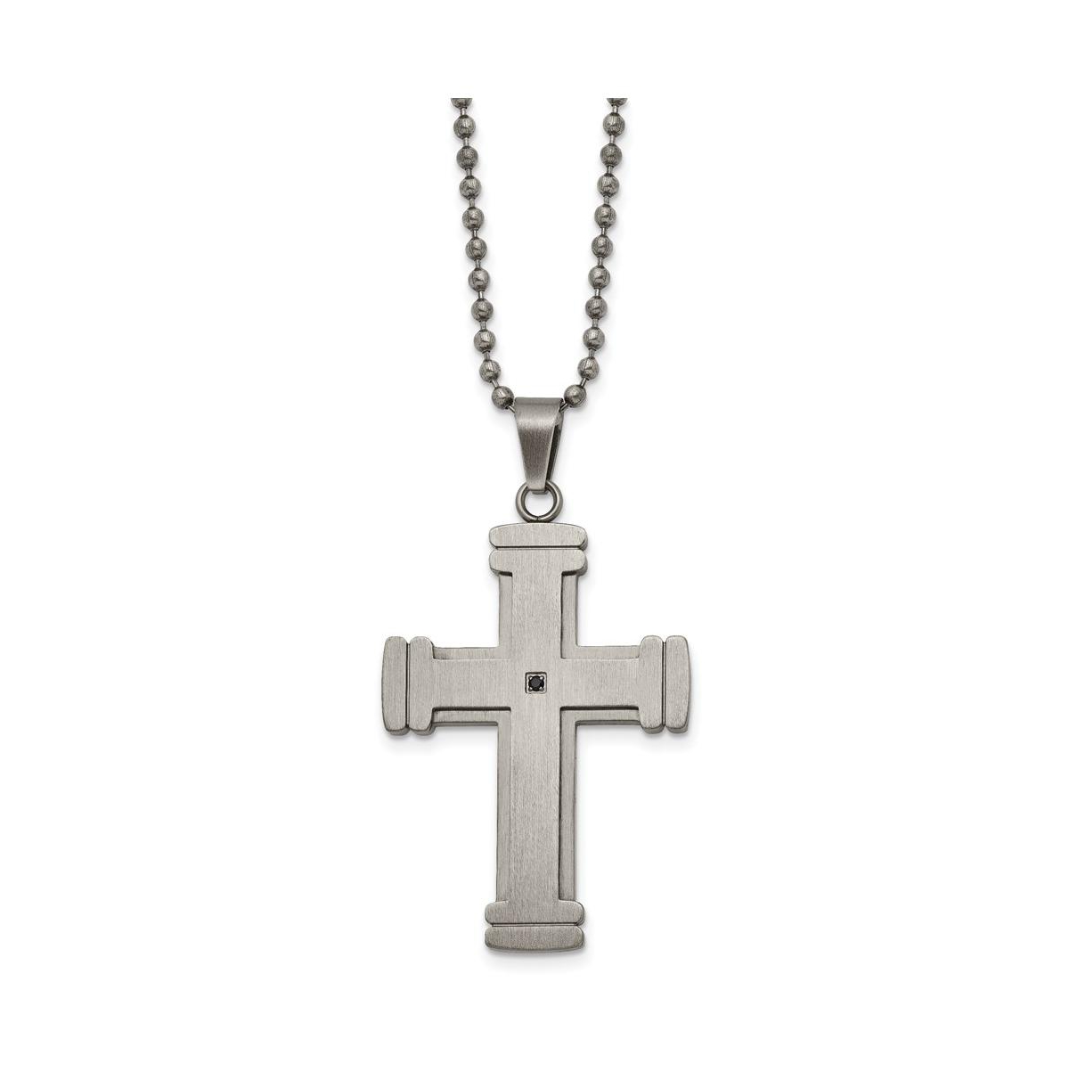 Antiqued Brushed and Black Cz Cross Pendant Ball Chain Necklace - Black