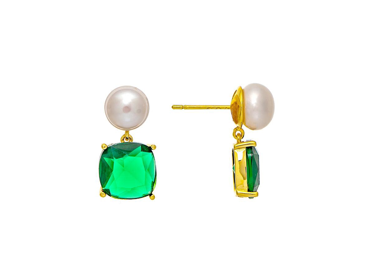 Pearl and Emerald Crystal Drop Earring - Gold green crystal and pearl