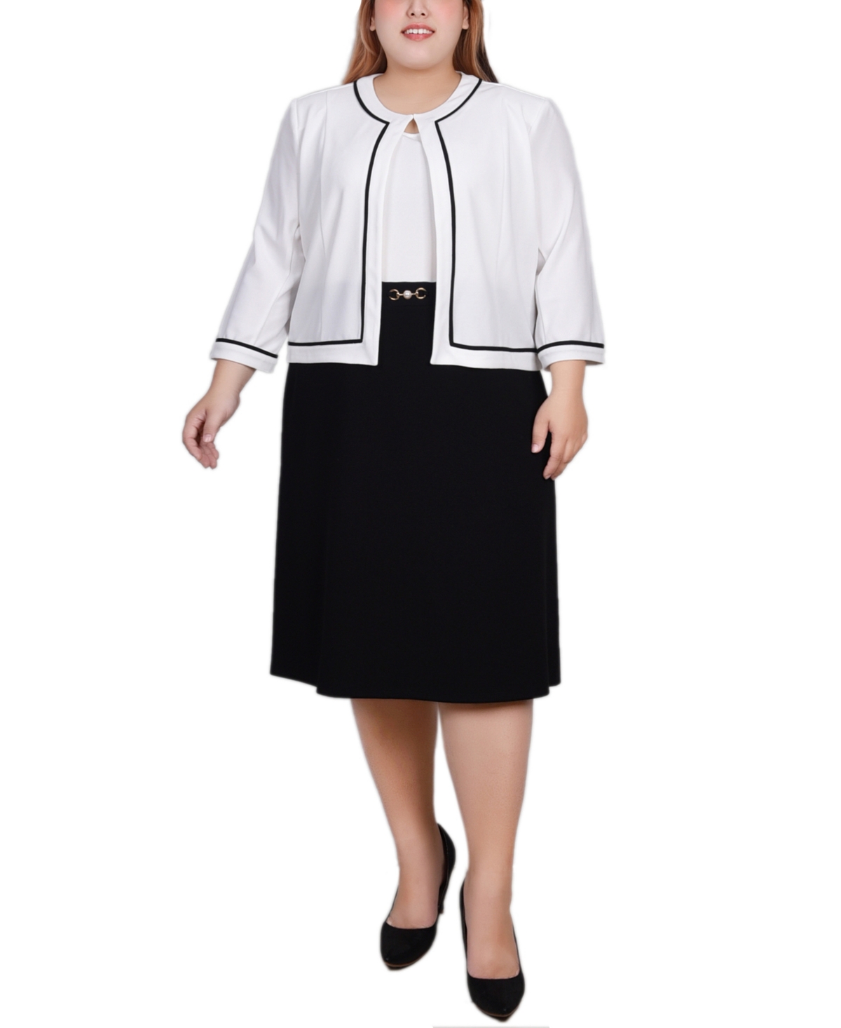 Shop Ny Collection Plus Size 3/4 Sleeve Dress, 2 Piece Set In Black White