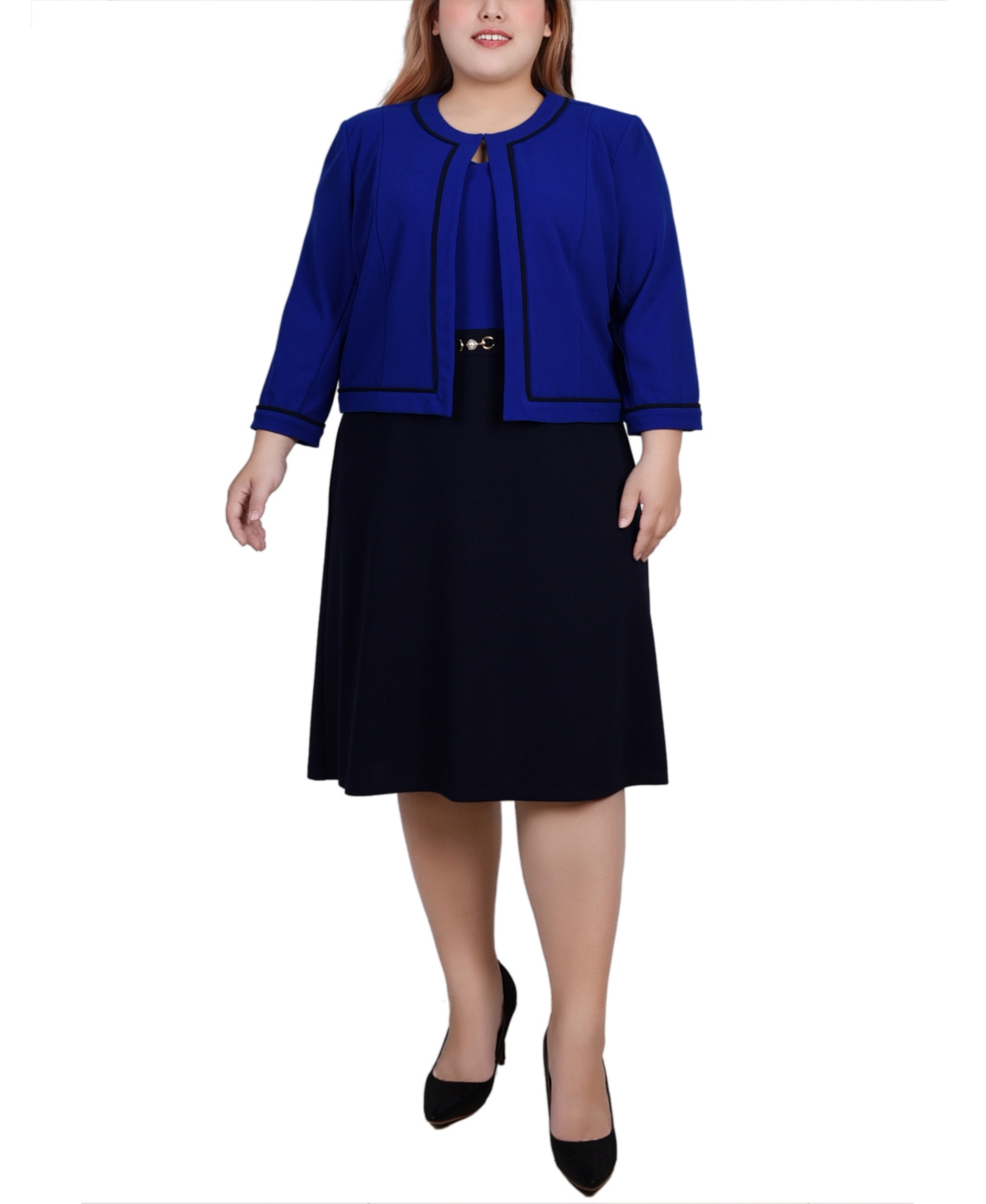 Ny Collection Plus Size 3/4 Sleeve Dress, 2 Piece Set In Navy Sapphire