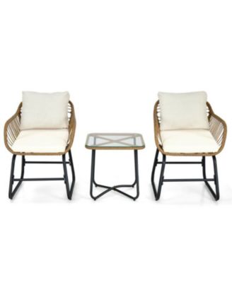 3-Piece Patio Bistro Set with 2 Rattan Chairs and Square Glass Coffee Table-White